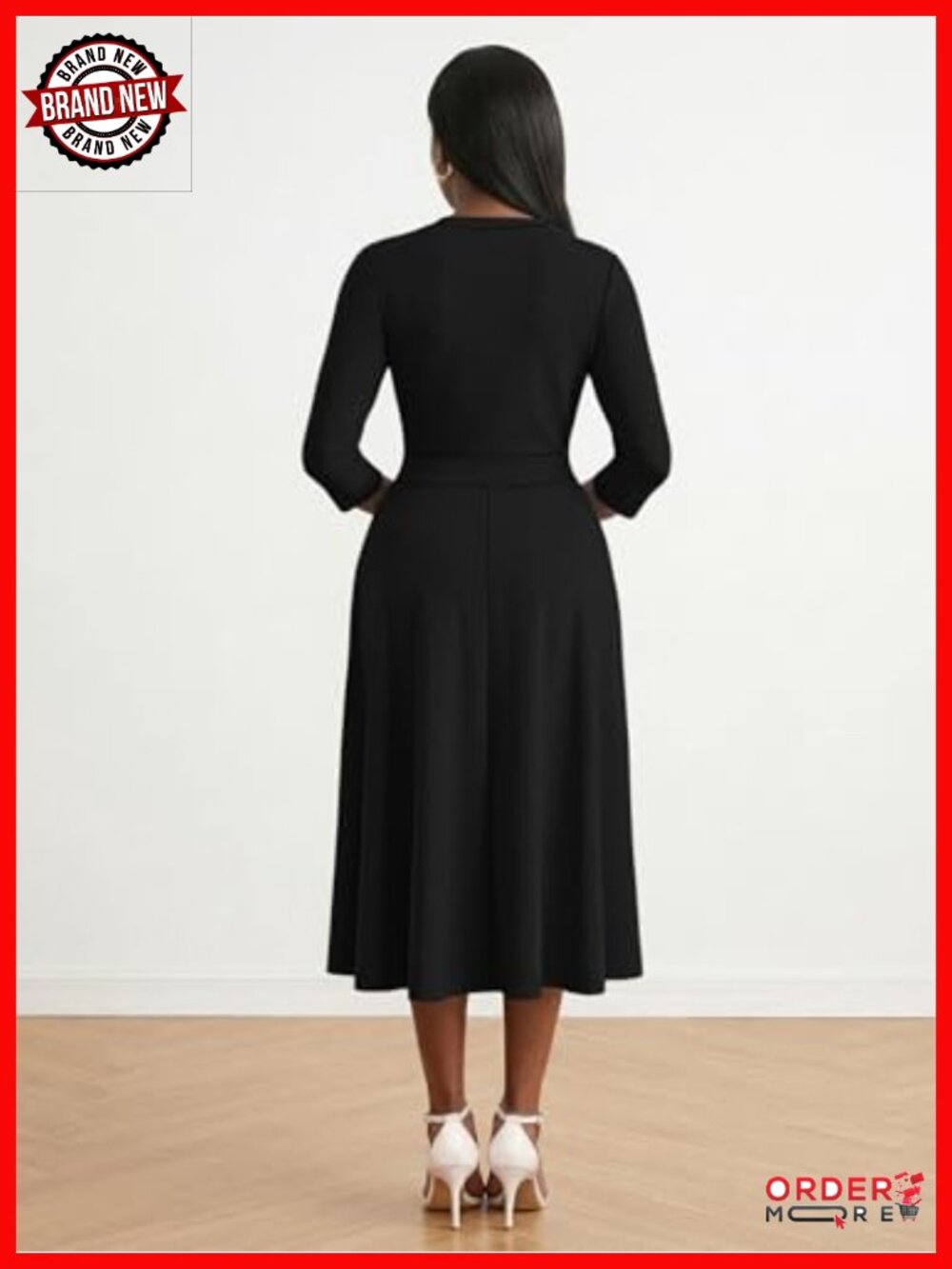 3/4 Sleeve V-Neck High Waist A-Line Midi Dress with Pockets - Picture 2 of 4